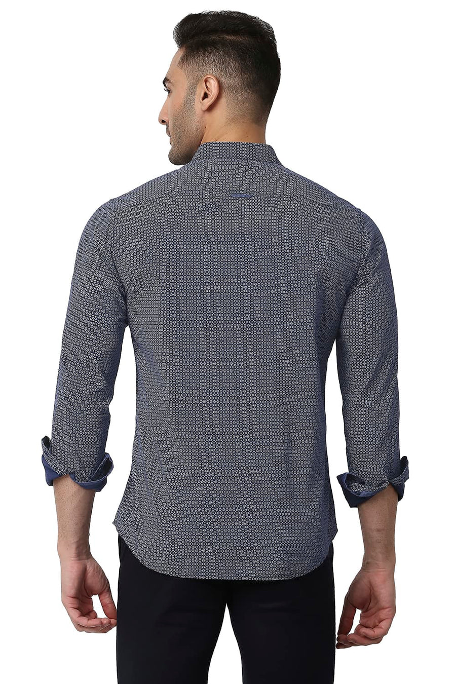 BASICS SLIM FIT POSEIDON BLUE COTTON VISCOSE PRINTED SHIRT