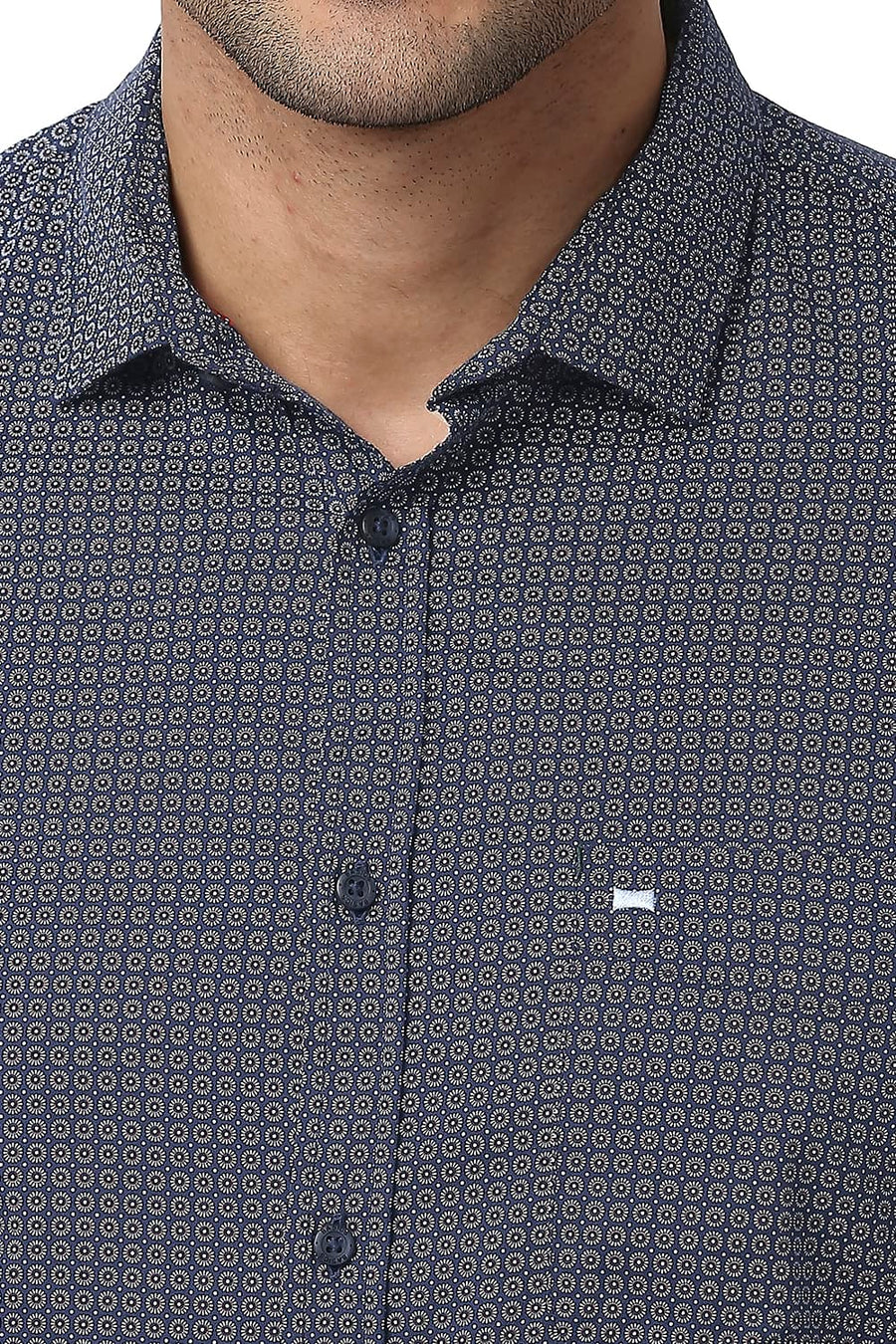 BASICS SLIM FIT POSEIDON BLUE COTTON VISCOSE PRINTED SHIRT