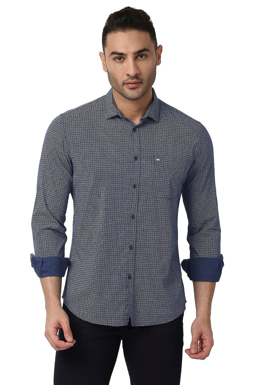 BASICS SLIM FIT POSEIDON BLUE COTTON VISCOSE PRINTED SHIRT