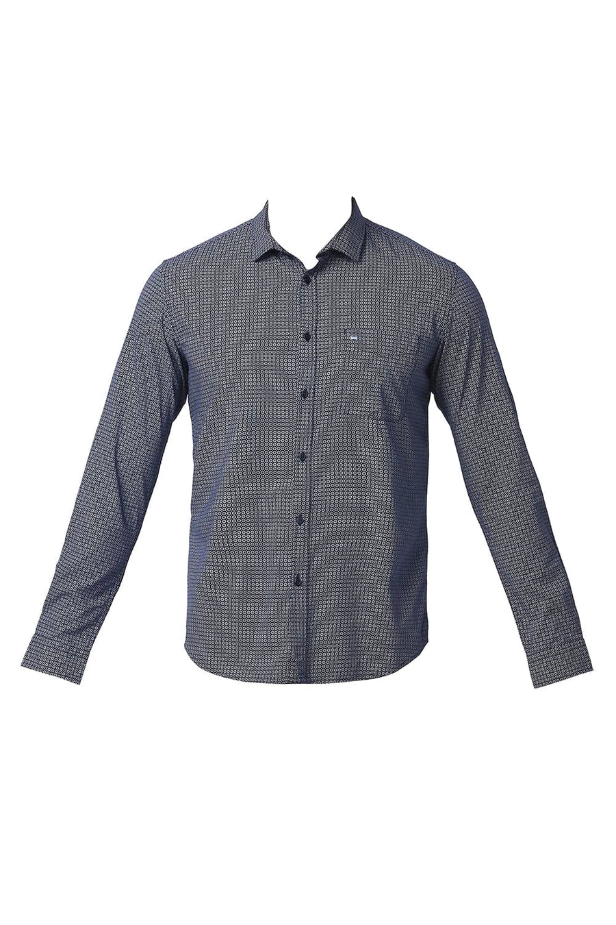 BASICS SLIM FIT POSEIDON BLUE COTTON VISCOSE PRINTED SHIRT