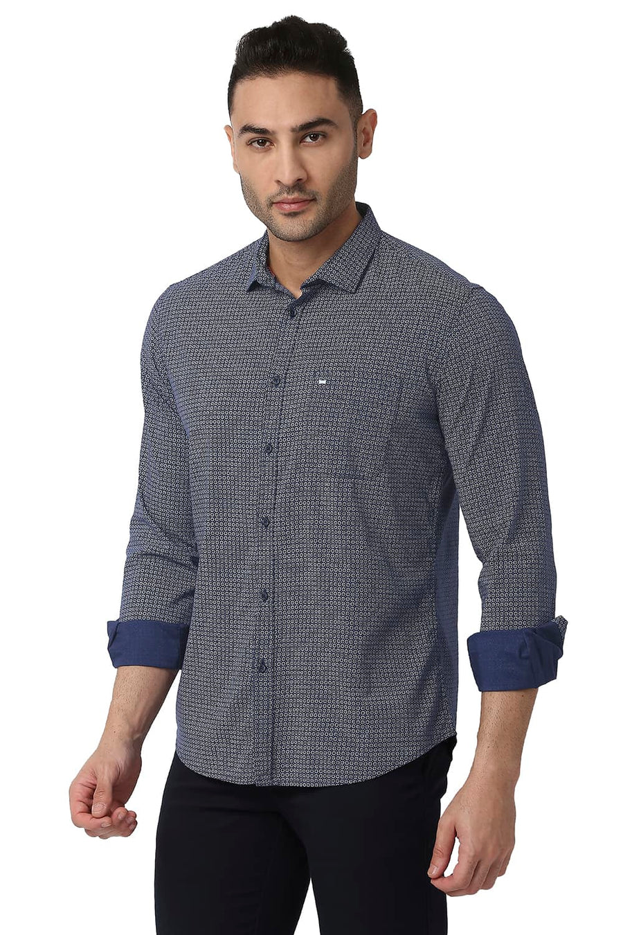 BASICS SLIM FIT POSEIDON BLUE COTTON VISCOSE PRINTED SHIRT