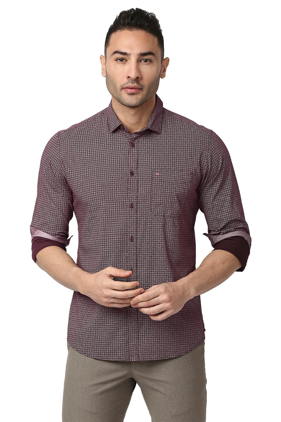 BASICS SLIM FIT PURPLE POTION COTTON VISCOSE PRINTED SHIRT