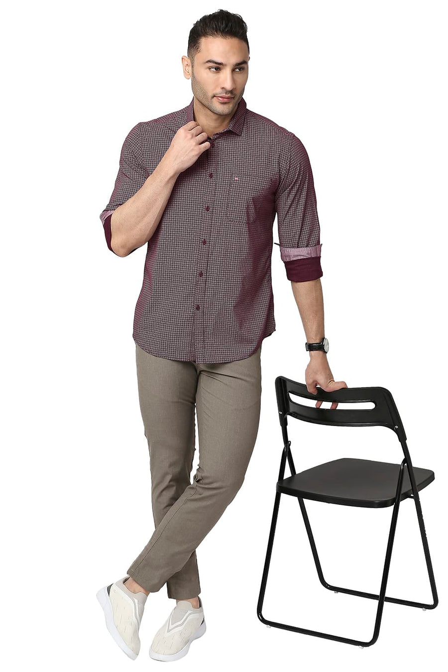 BASICS SLIM FIT PURPLE POTION COTTON VISCOSE PRINTED SHIRT