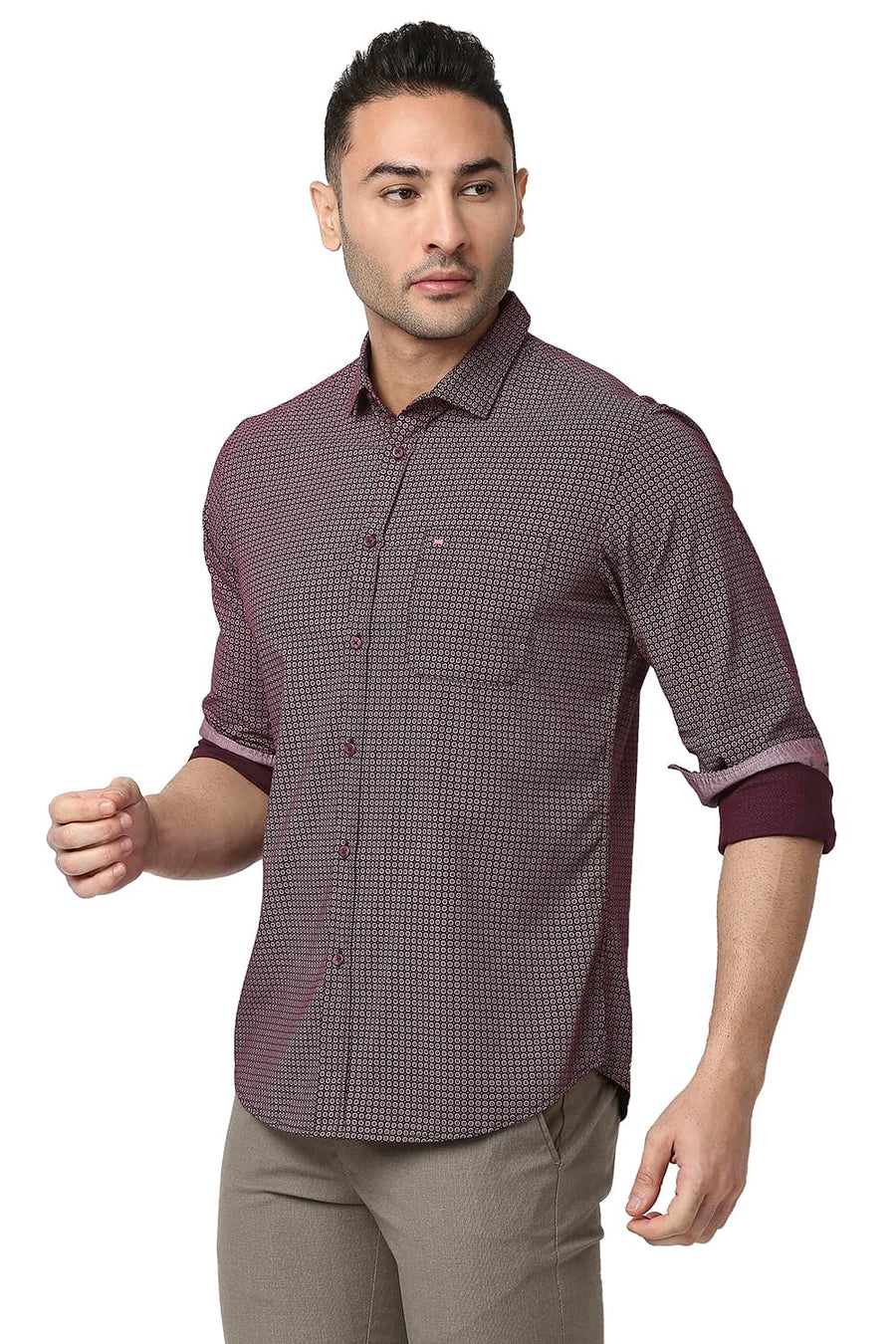 BASICS SLIM FIT PURPLE POTION COTTON VISCOSE PRINTED SHIRT