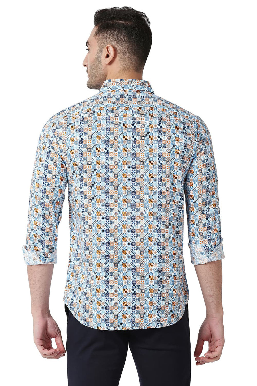 BASICS SLIM FIT SWEDISH BLUE COTTON VISCOSE PRINTED SHIRT