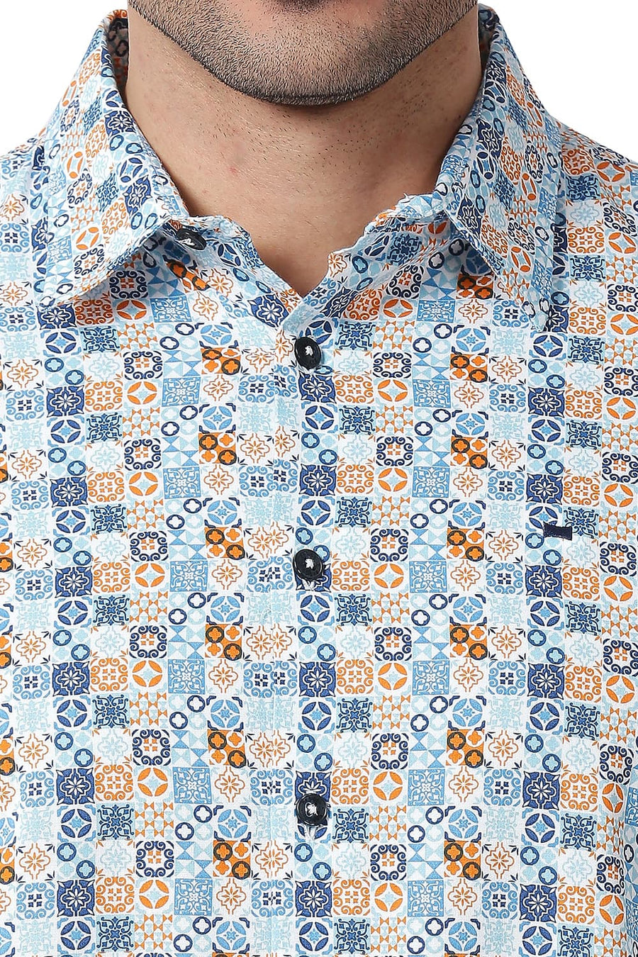 BASICS SLIM FIT SWEDISH BLUE COTTON VISCOSE PRINTED SHIRT