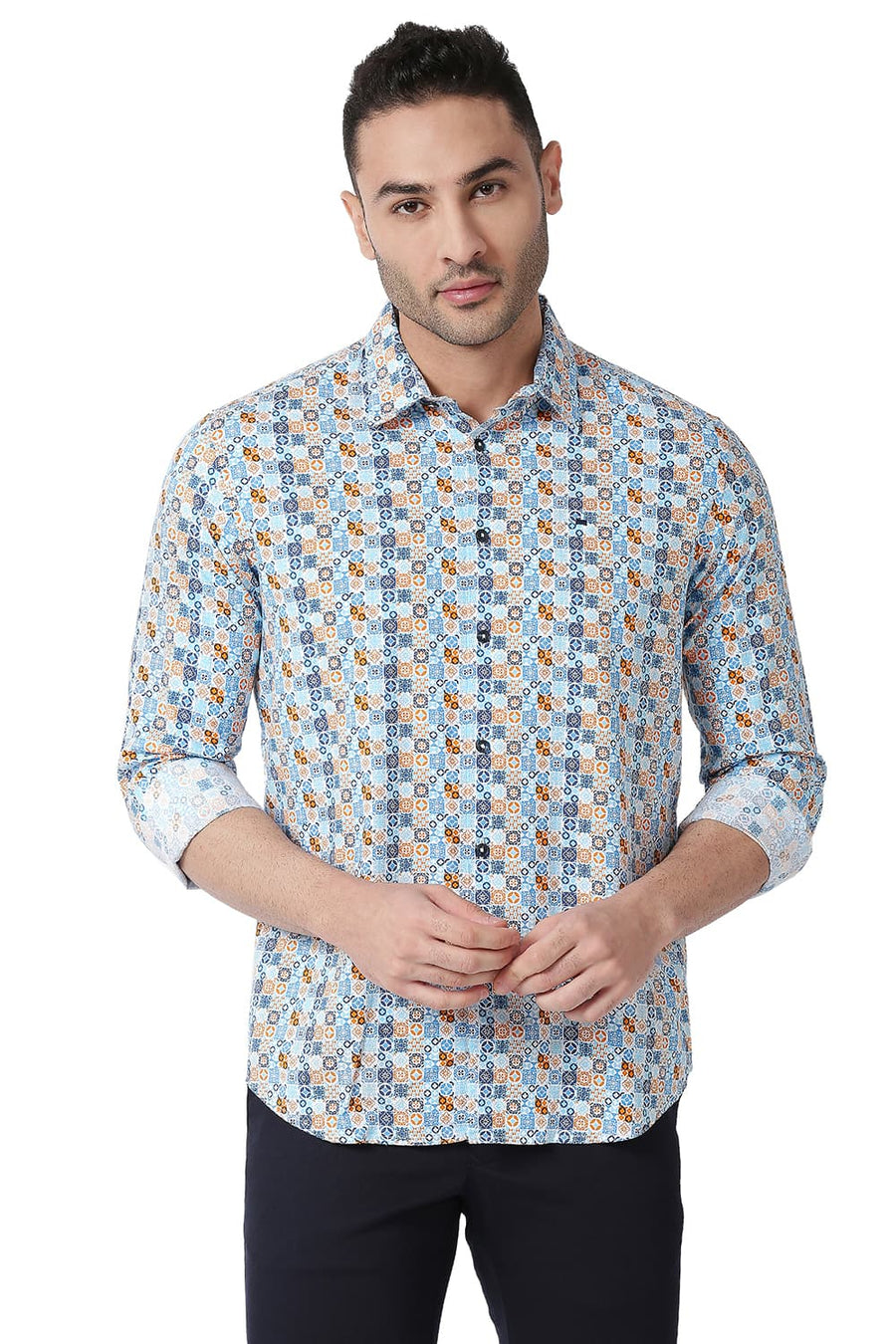 BASICS SLIM FIT SWEDISH BLUE COTTON VISCOSE PRINTED SHIRT