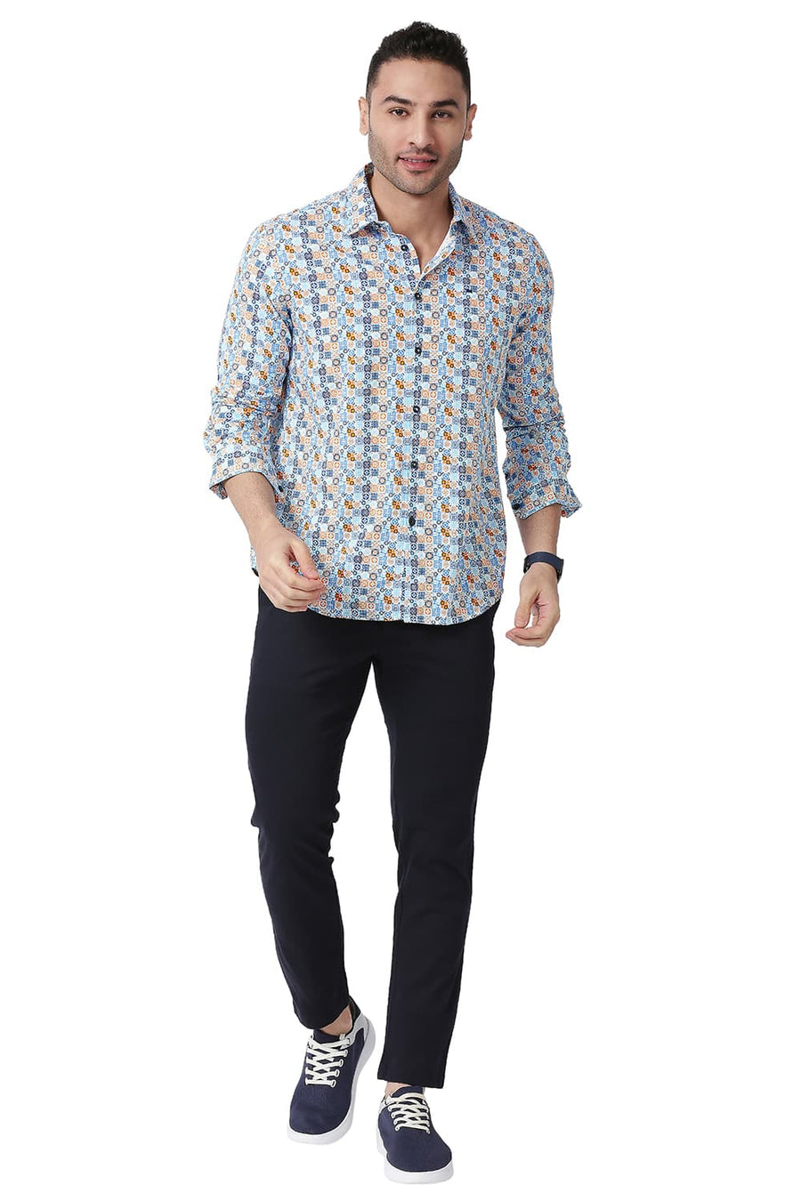 BASICS SLIM FIT SWEDISH BLUE COTTON VISCOSE PRINTED SHIRT