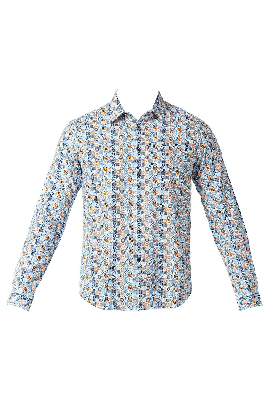 BASICS SLIM FIT SWEDISH BLUE COTTON VISCOSE PRINTED SHIRT