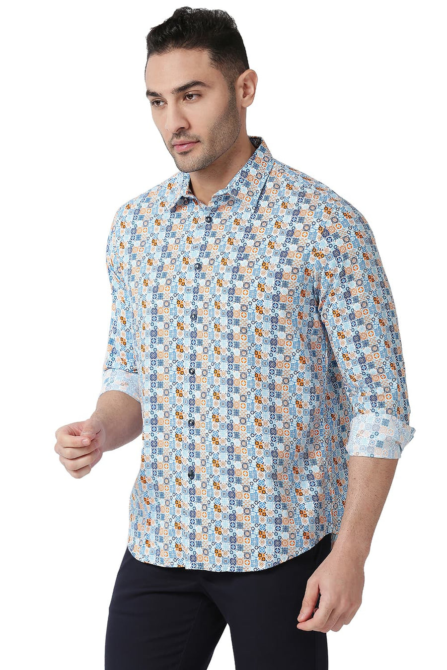 BASICS SLIM FIT SWEDISH BLUE COTTON VISCOSE PRINTED SHIRT