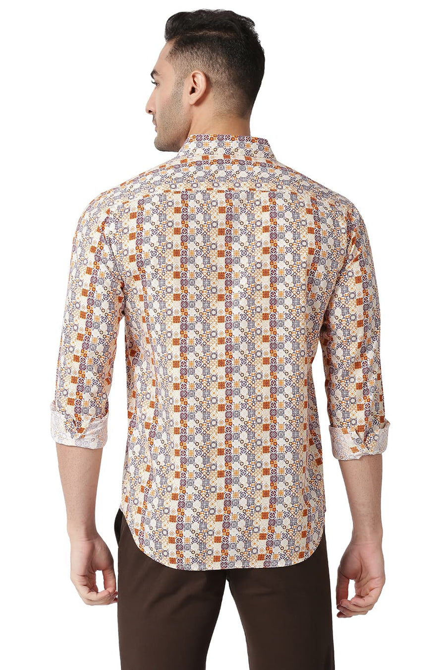 BASICS SLIM FIT GOLDEN ORANGE COTTON VISCOSE PRINTED SHIRT