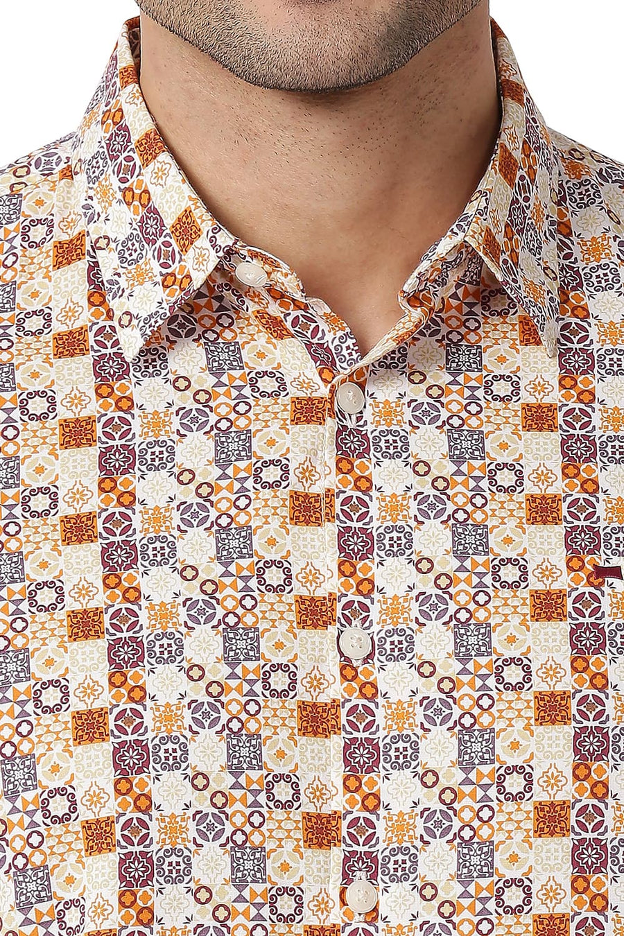 BASICS SLIM FIT GOLDEN ORANGE COTTON VISCOSE PRINTED SHIRT