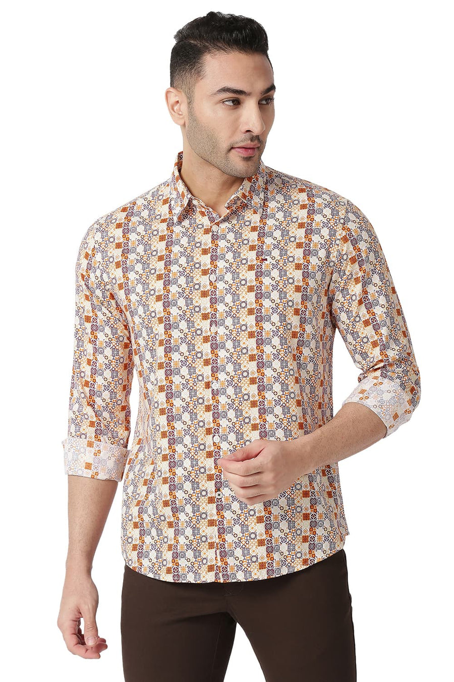 BASICS SLIM FIT GOLDEN ORANGE COTTON VISCOSE PRINTED SHIRT