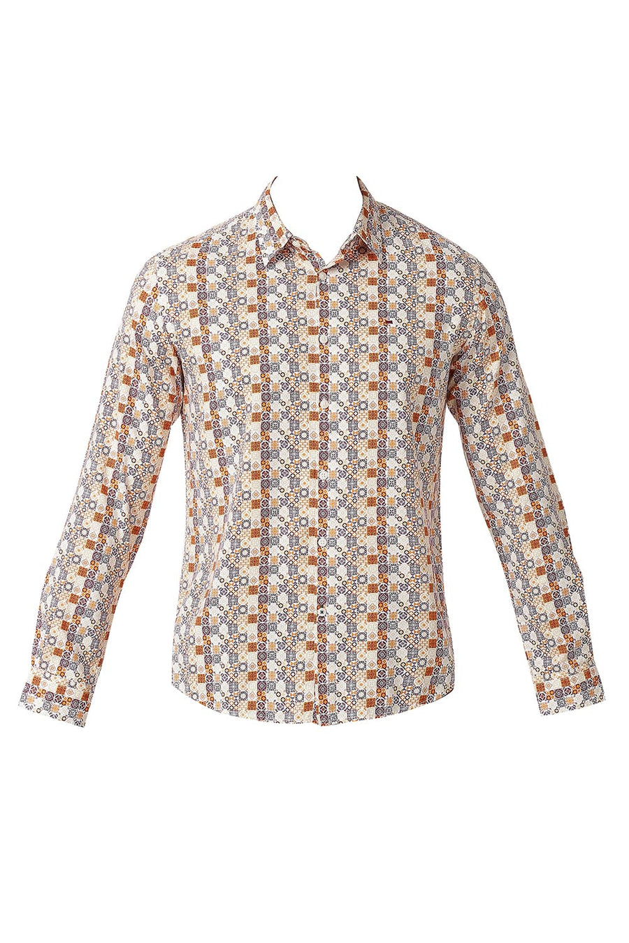 BASICS SLIM FIT GOLDEN ORANGE COTTON VISCOSE PRINTED SHIRT