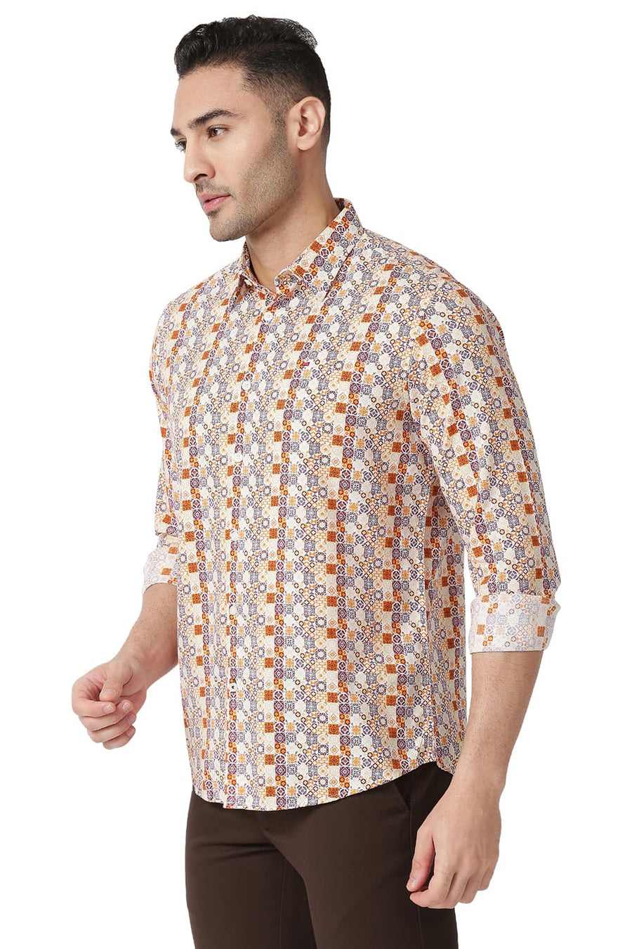 BASICS SLIM FIT GOLDEN ORANGE COTTON VISCOSE PRINTED SHIRT