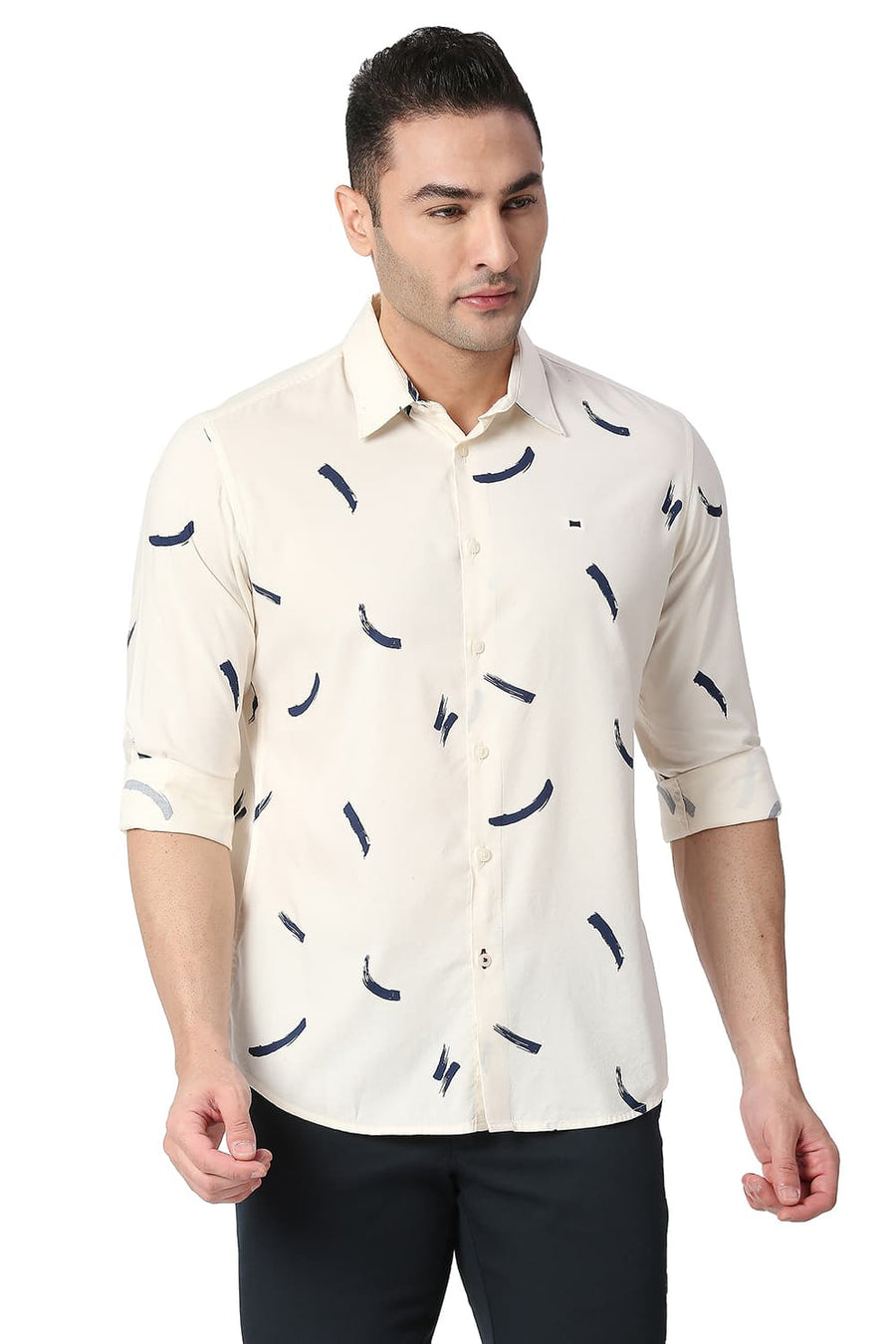 BASICS SLIM FIT ICING YELLOW COTTON VISCOSE PRINTED SHIRT