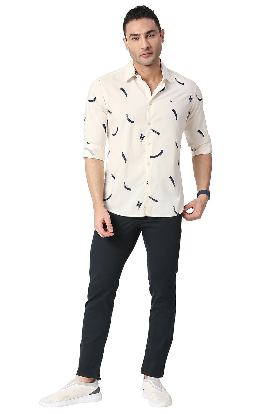 BASICS SLIM FIT ICING YELLOW COTTON VISCOSE PRINTED SHIRT