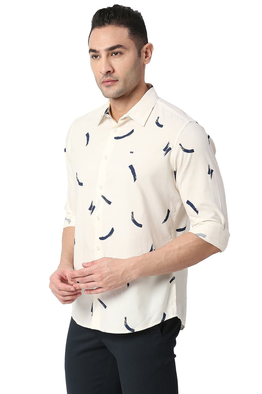 BASICS SLIM FIT ICING YELLOW COTTON VISCOSE PRINTED SHIRT