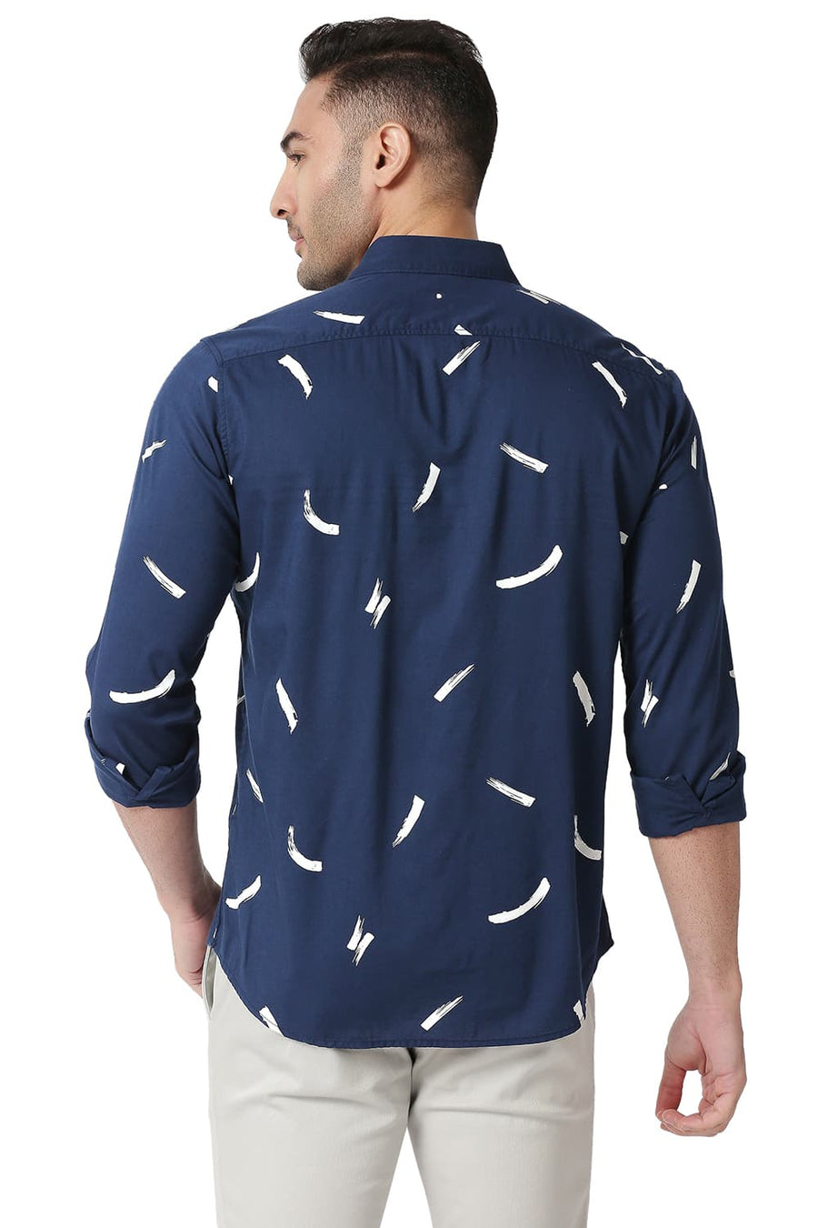 BASICS SLIM FIT TRUE NAVY COTTON VISCOSE PRINTED SHIRT