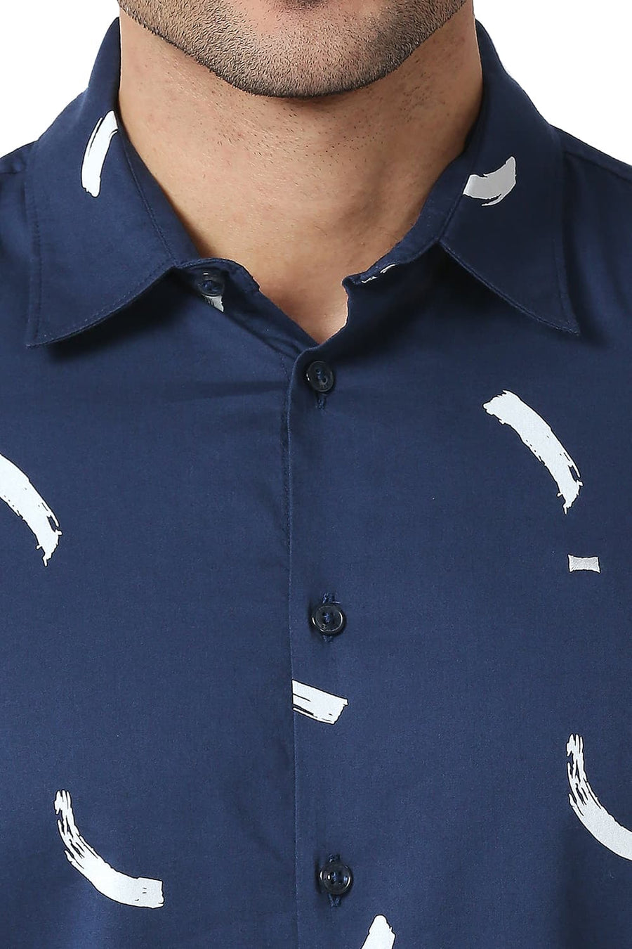 BASICS SLIM FIT TRUE NAVY COTTON VISCOSE PRINTED SHIRT