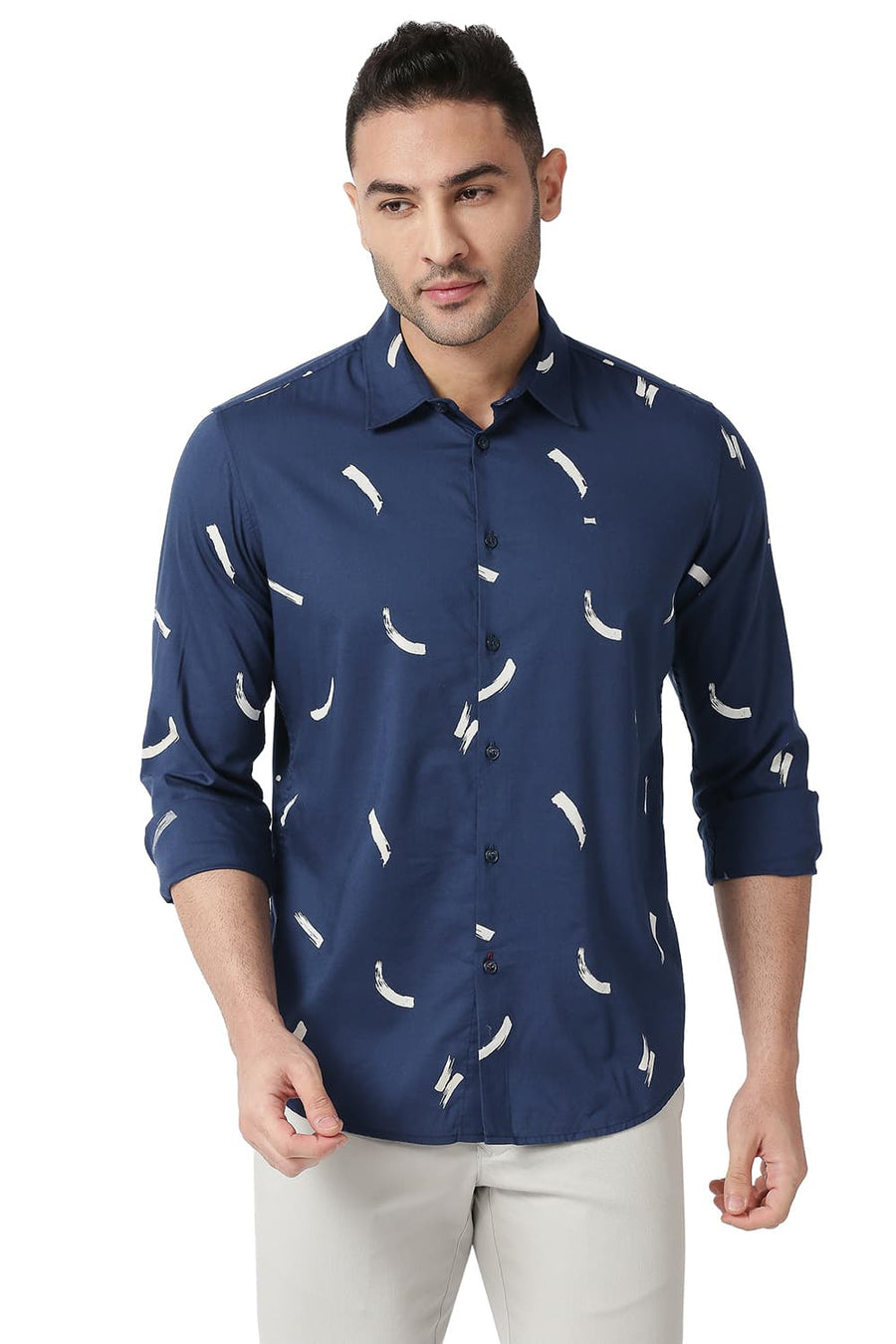 BASICS SLIM FIT TRUE NAVY COTTON VISCOSE PRINTED SHIRT