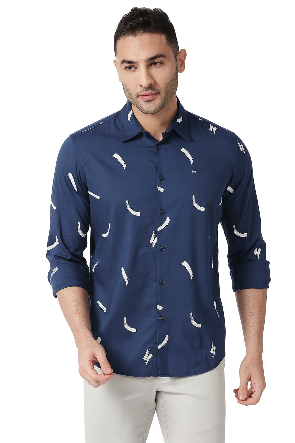 BASICS SLIM FIT COTTON VISCOSE PRINTED SHIRT