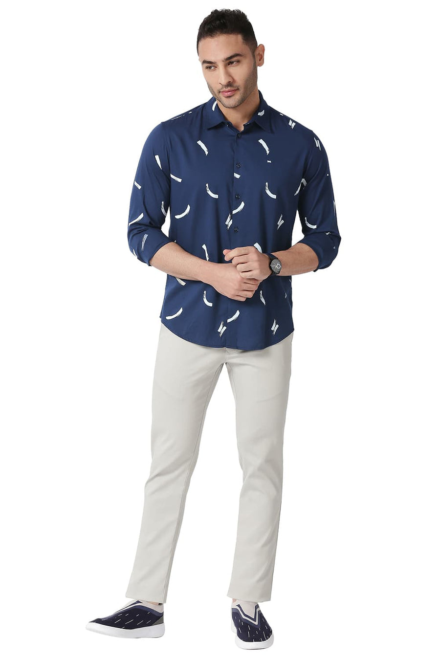 BASICS SLIM FIT TRUE NAVY COTTON VISCOSE PRINTED SHIRT