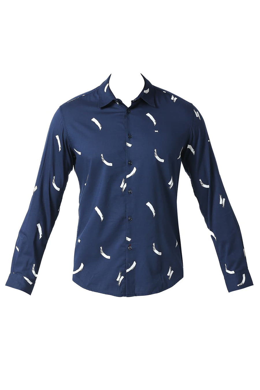 BASICS SLIM FIT TRUE NAVY COTTON VISCOSE PRINTED SHIRT