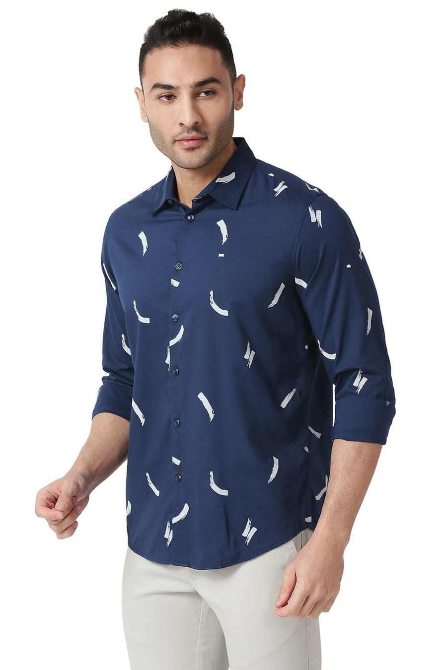 BASICS SLIM FIT TRUE NAVY COTTON VISCOSE PRINTED SHIRT