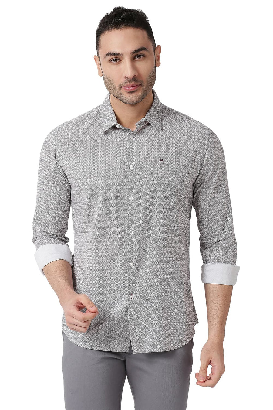 BASICS SLIM FIT NIMBUS GREY COTTON VISCOSE PRINTED SHIRT