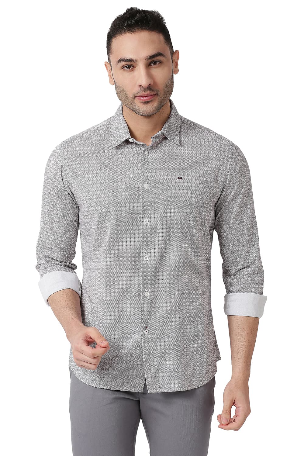 BASICS SLIM FIT COTTON VISCOSE PRINTED SHIRT