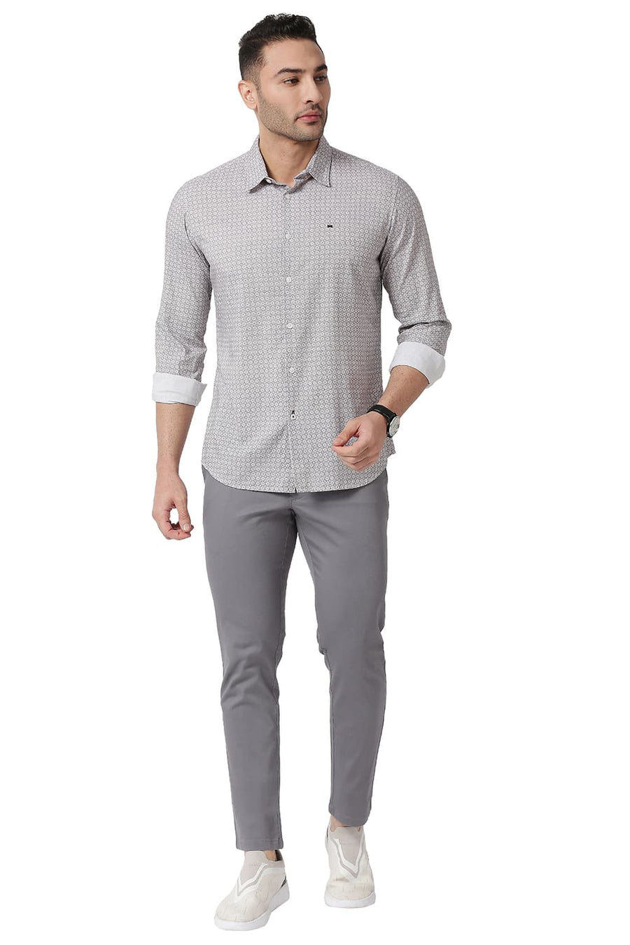 BASICS SLIM FIT NIMBUS GREY COTTON VISCOSE PRINTED SHIRT
