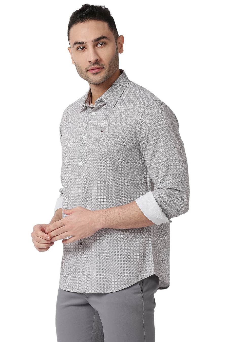 BASICS SLIM FIT NIMBUS GREY COTTON VISCOSE PRINTED SHIRT