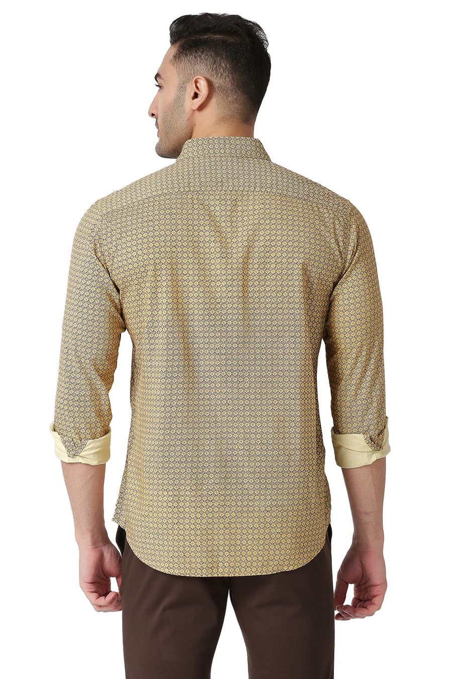 BASICS SLIM FIT BEACH YELLOW COTTON VISCOSE PRINTED SHIRT