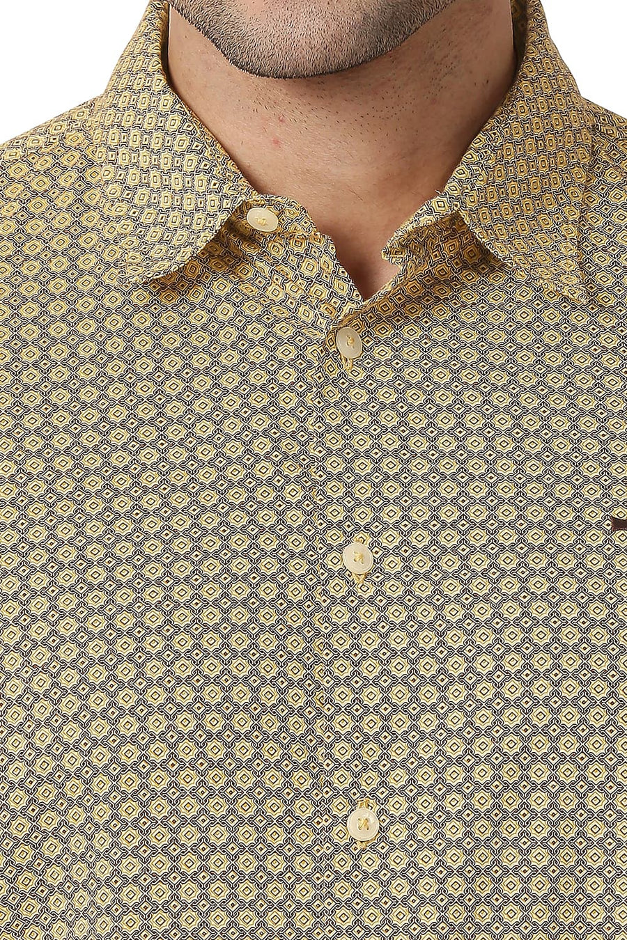 BASICS SLIM FIT BEACH YELLOW COTTON VISCOSE PRINTED SHIRT