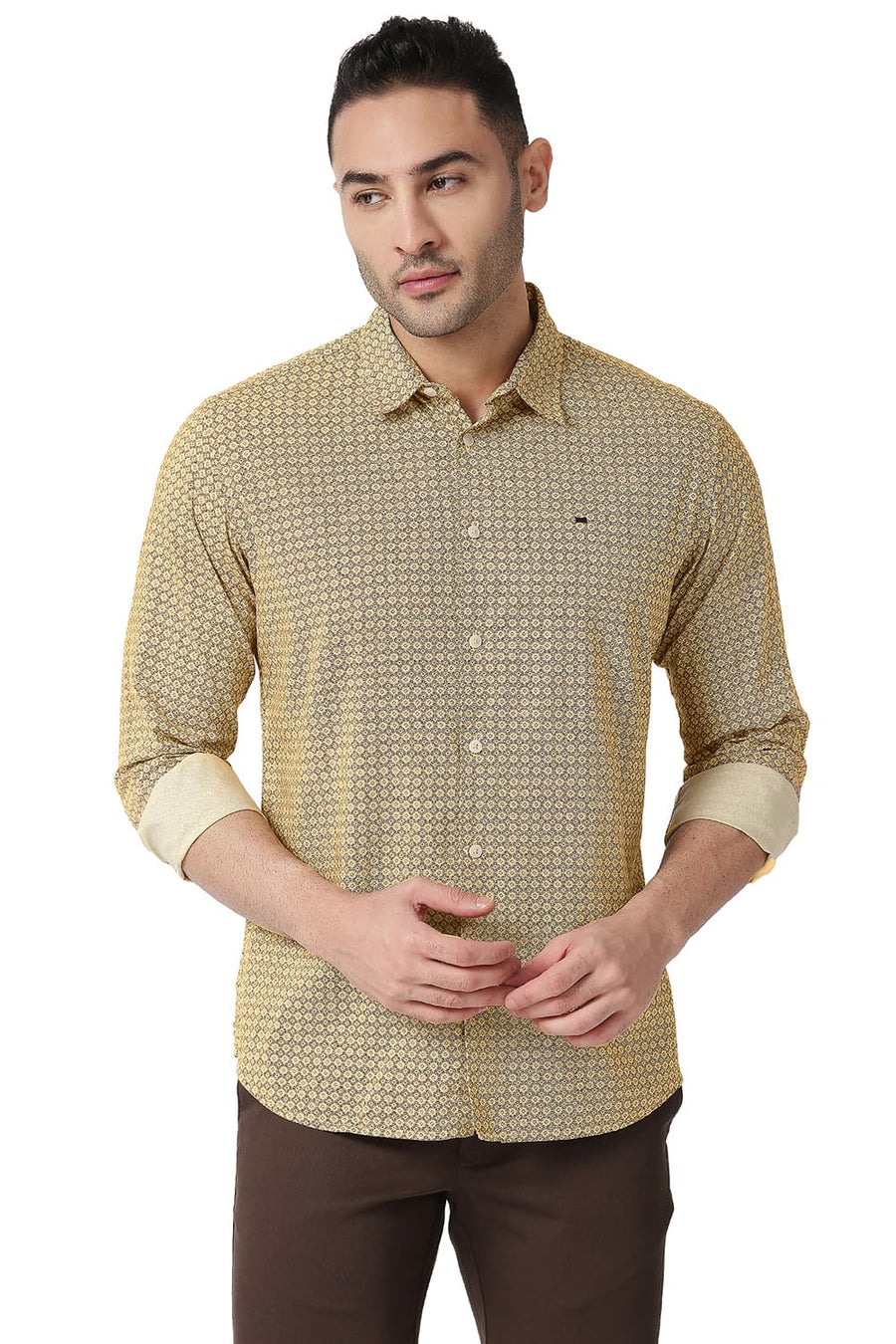 BASICS SLIM FIT BEACH YELLOW COTTON VISCOSE PRINTED SHIRT