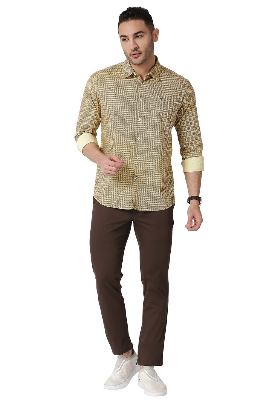 BASICS SLIM FIT BEACH YELLOW COTTON VISCOSE PRINTED SHIRT