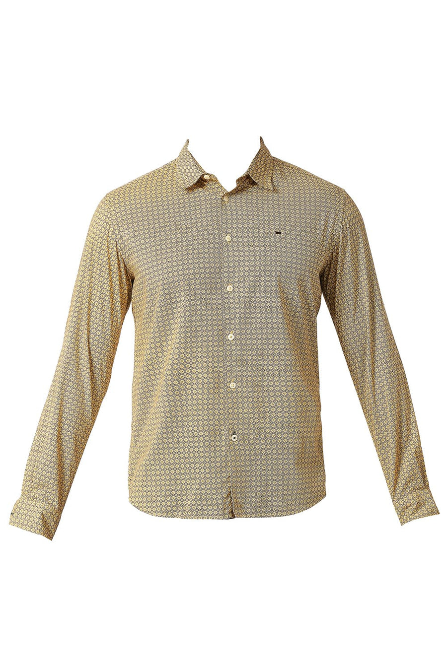 BASICS SLIM FIT BEACH YELLOW COTTON VISCOSE PRINTED SHIRT