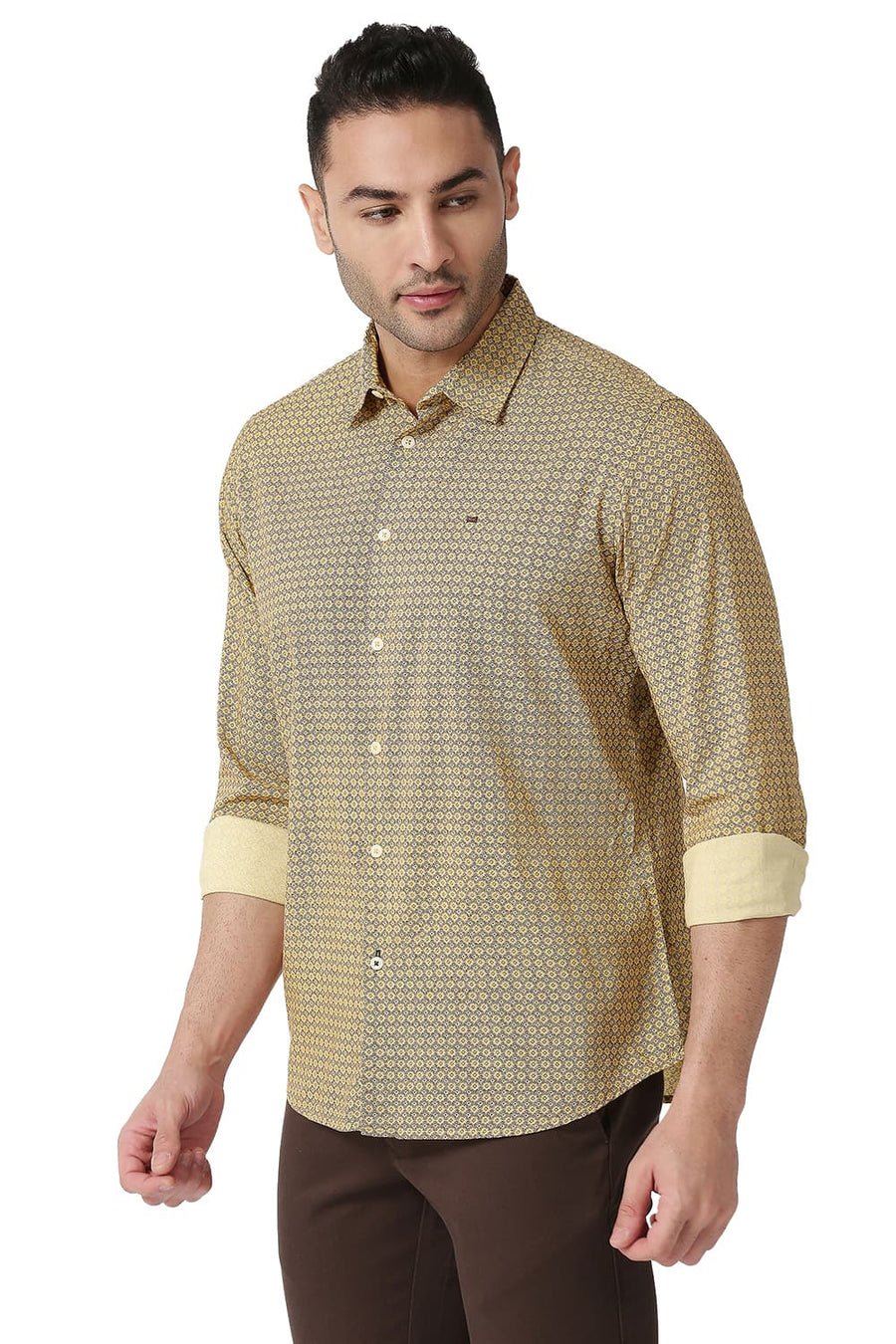 BASICS SLIM FIT BEACH YELLOW COTTON VISCOSE PRINTED SHIRT