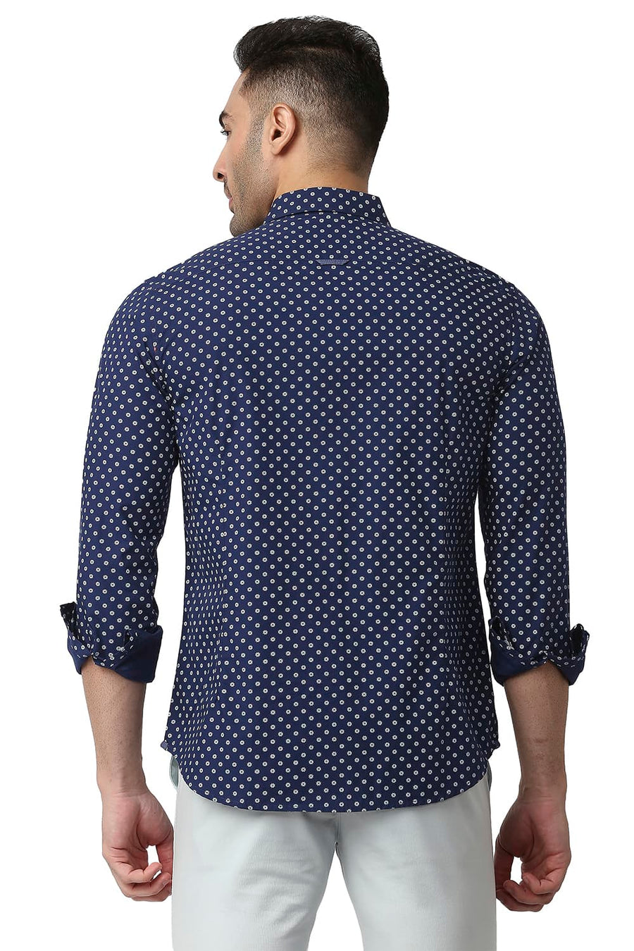 BASICS SLIM FIT DEEP NAVY COTTON POPLIN PRINTED SHIRT