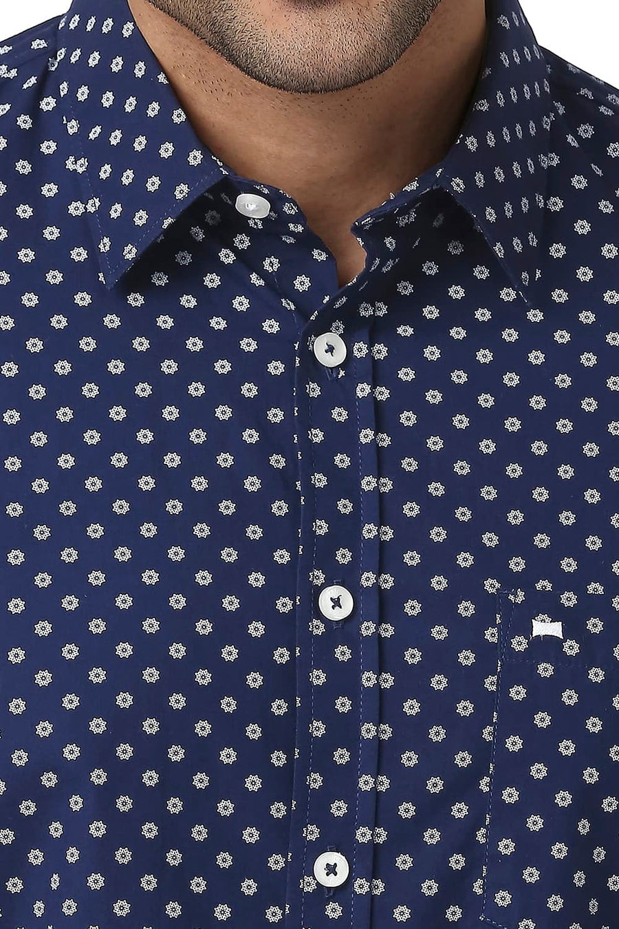 BASICS SLIM FIT DEEP NAVY COTTON POPLIN PRINTED SHIRT