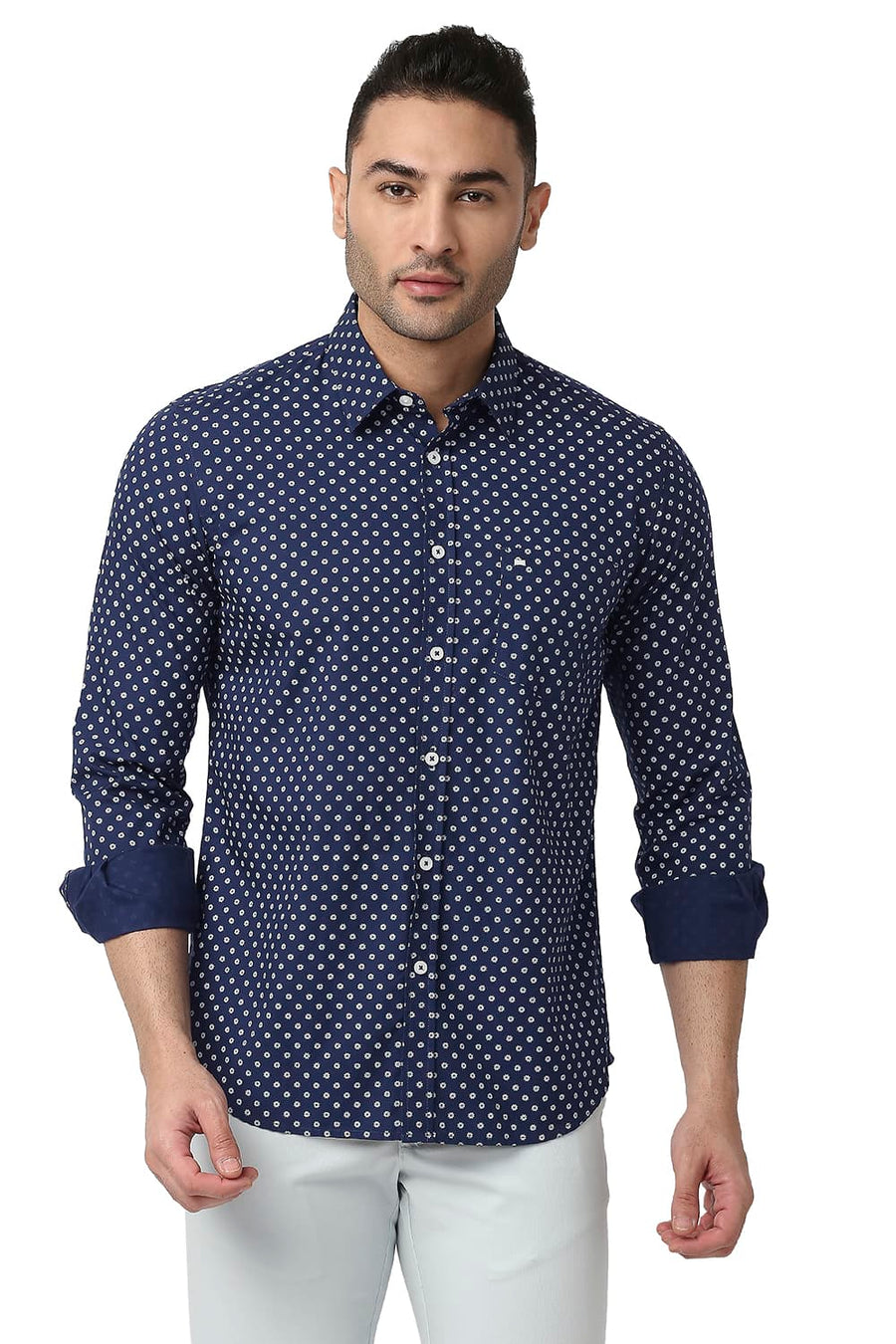 BASICS SLIM FIT DEEP NAVY COTTON POPLIN PRINTED SHIRT