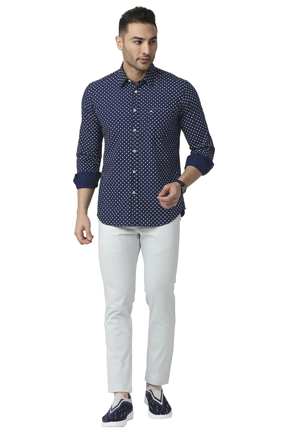 BASICS SLIM FIT COTTON POPLIN PRINTED SHIRT