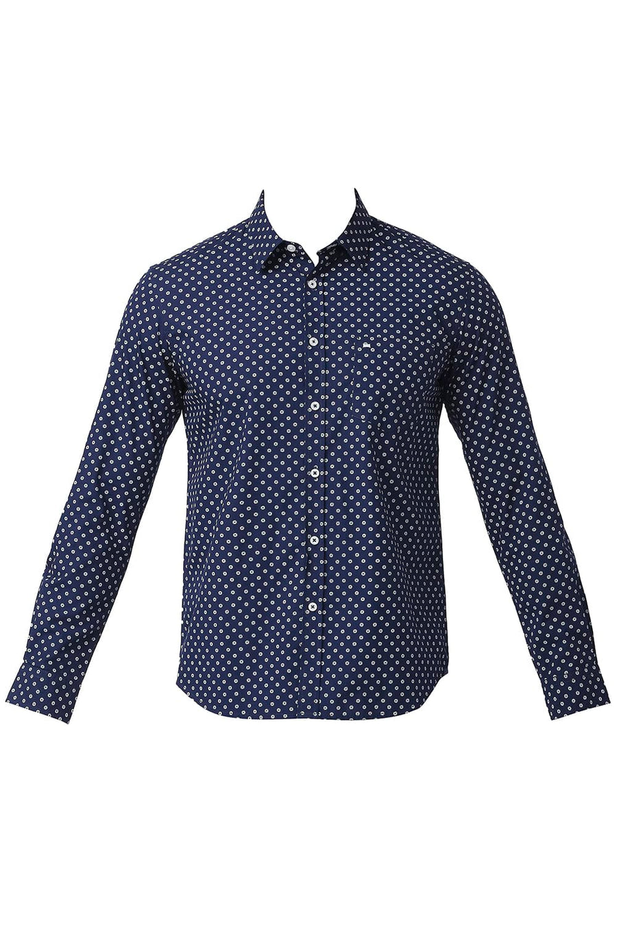 BASICS SLIM FIT DEEP NAVY COTTON POPLIN PRINTED SHIRT