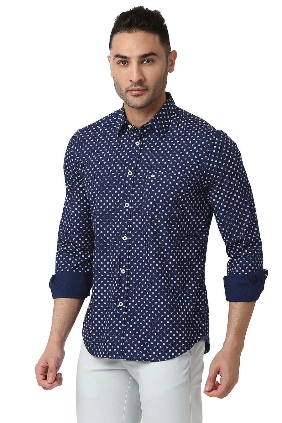 BASICS SLIM FIT DEEP NAVY COTTON POPLIN PRINTED SHIRT