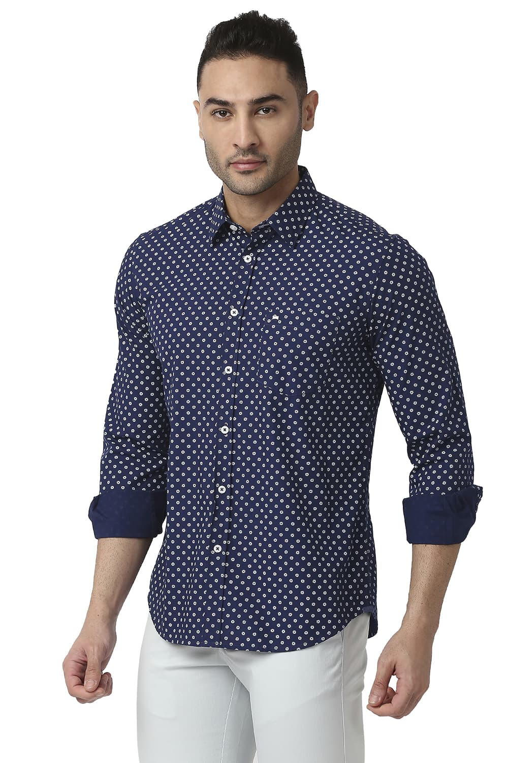 BASICS SLIM FIT COTTON POPLIN PRINTED SHIRT