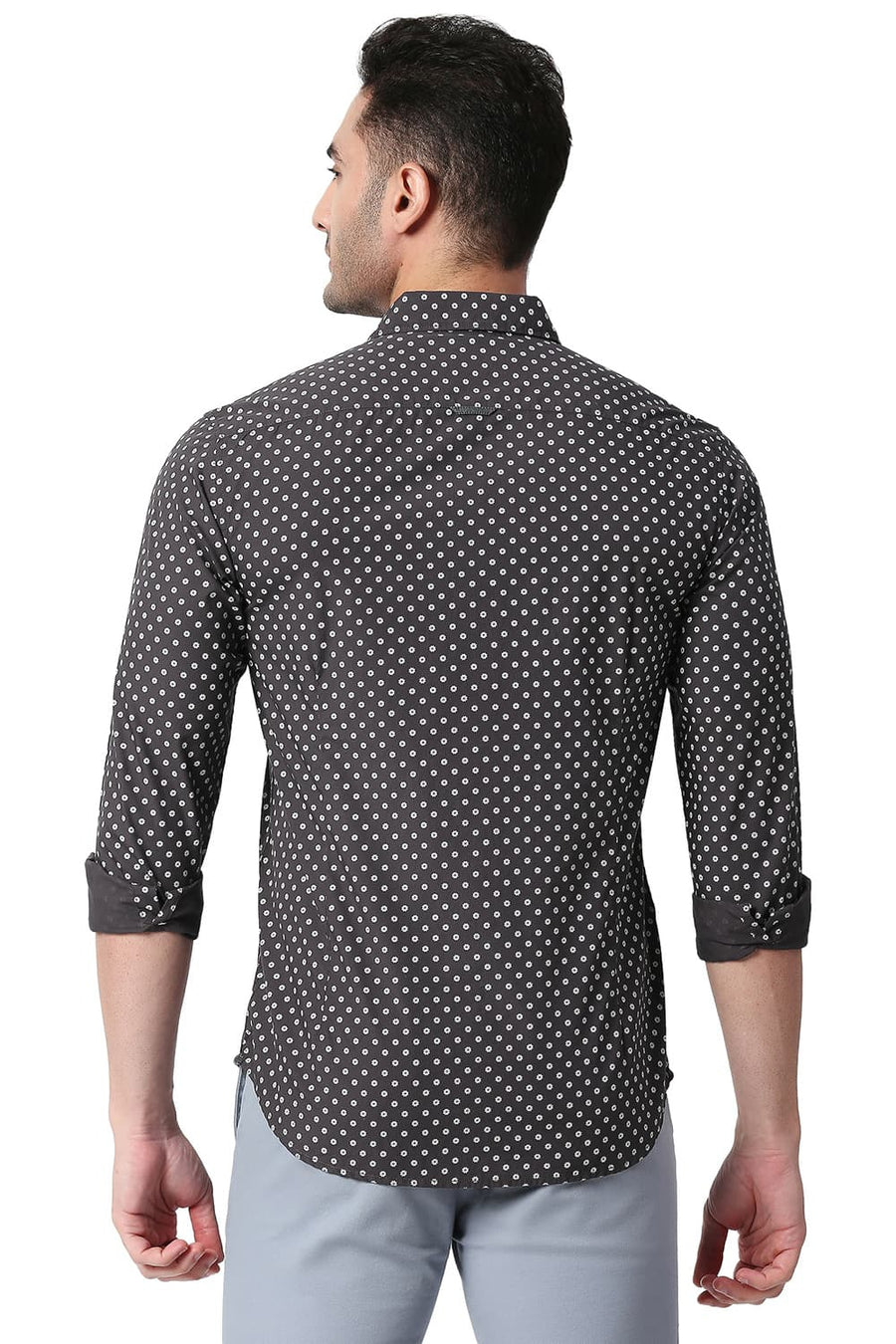 BASICS SLIM FIT DARK GREY COTTON POPLIN PRINTED SHIRT