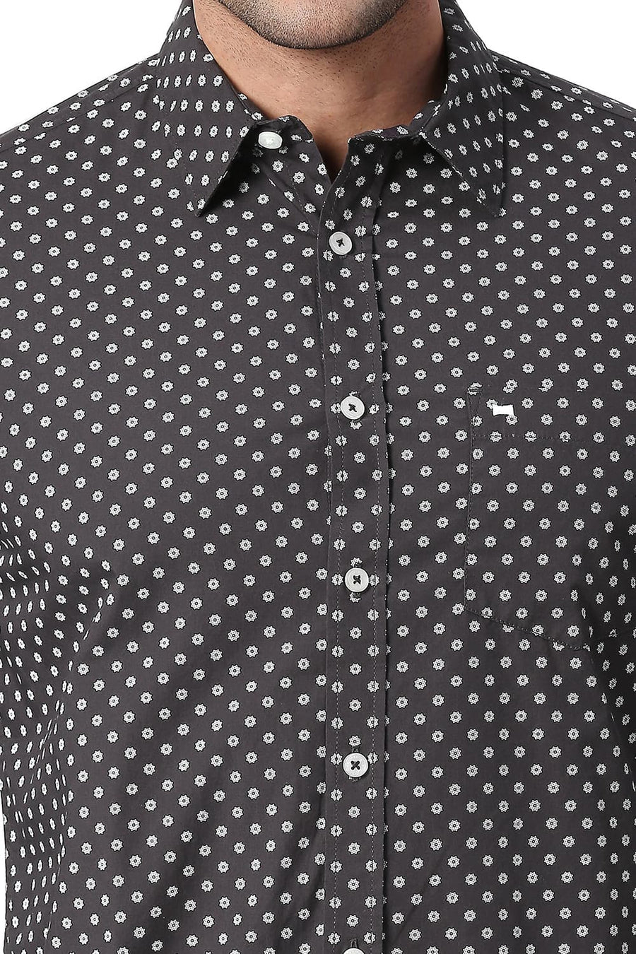 BASICS SLIM FIT DARK GREY COTTON POPLIN PRINTED SHIRT