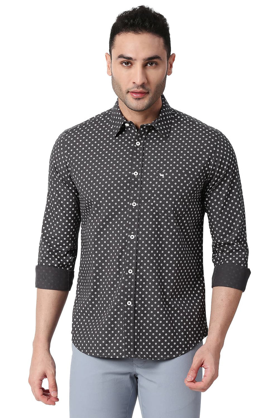 BASICS SLIM FIT DARK GREY COTTON POPLIN PRINTED SHIRT