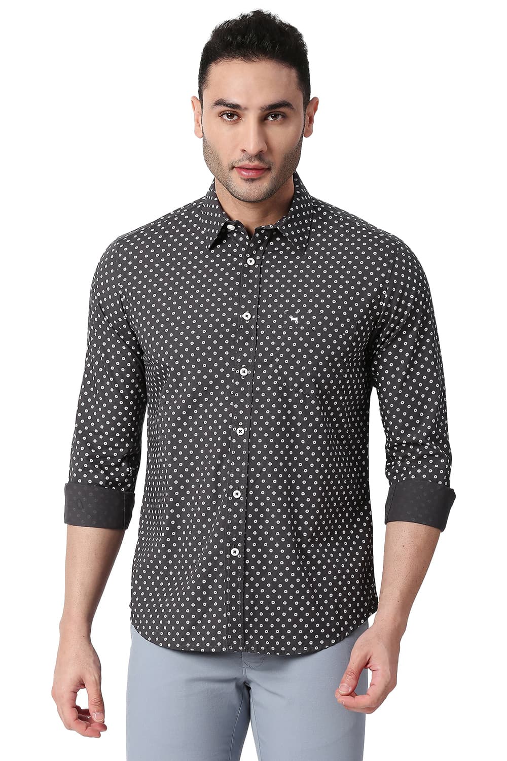 BASICS SLIM FIT COTTON POPLIN PRINTED SHIRT